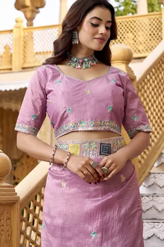 Pink gold crunchy silk blend multy thread embroidery work rich fancy saree