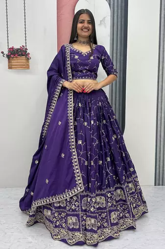 Purple Color Embroidery Thread and Sequence Work Silk Lahenga Choli Set