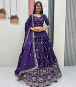 Purple Color Embroidery Thread and Sequence Work Silk Lahenga Choli Set