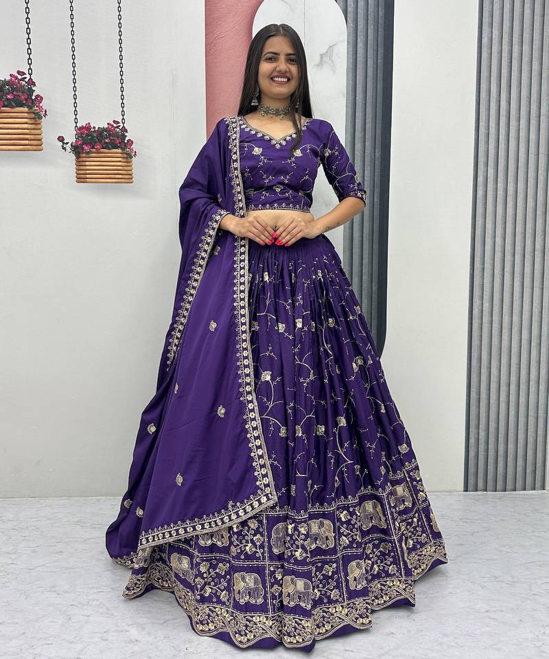 Purple Color Embroidery Thread and Sequence Work Silk Lahenga Choli Set
