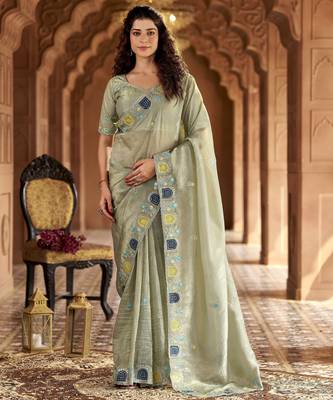 Grey gold crunchy silk blend multy thread embroidery work rich fancy saree 1