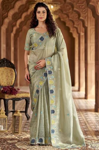 Grey color gold crunchy silk multy thread embroidery work rich fancy saree