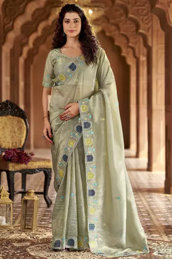 Grey color gold crunchy silk multy thread embroidery work rich fancy saree
