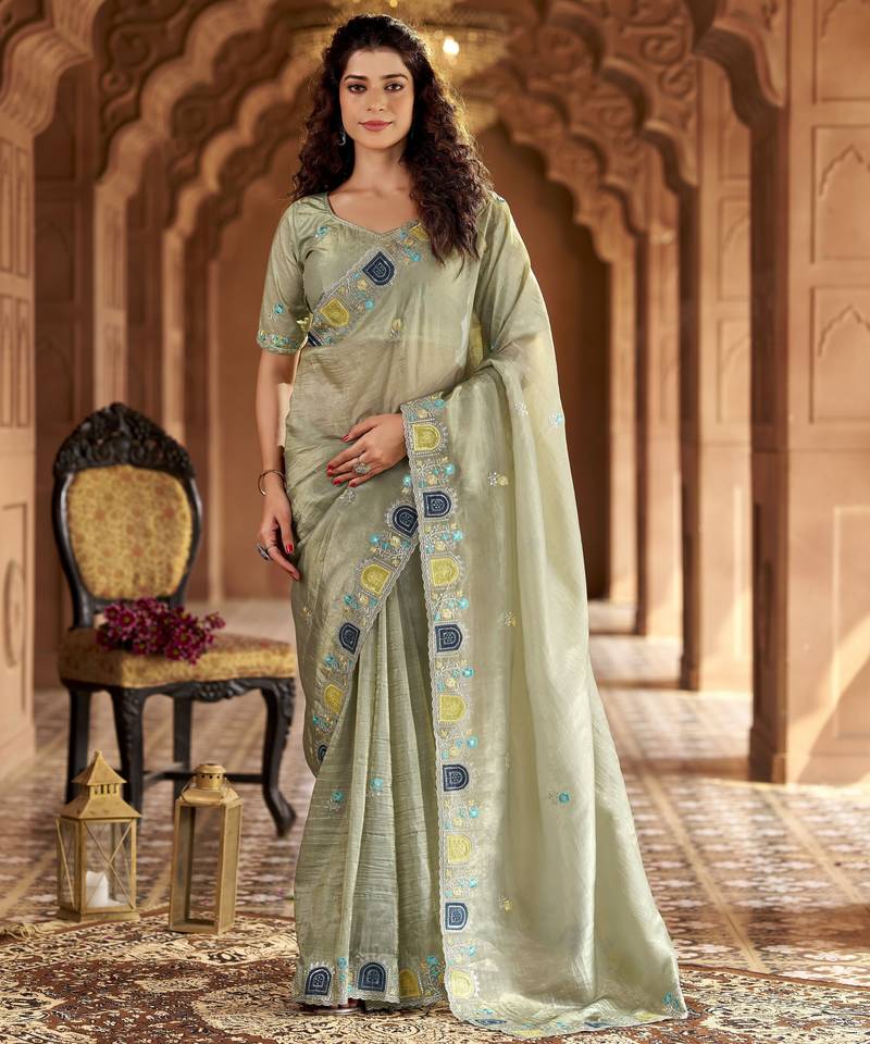 Grey color gold crunchy silk multy thread embroidery work rich fancy saree