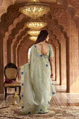 Grey gold crunchy silk blend multy thread embroidery work rich fancy saree 2