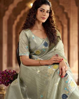Grey gold crunchy silk blend multy thread embroidery work rich fancy saree 3