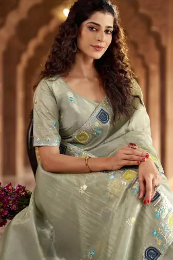 Grey gold crunchy silk blend multy thread embroidery work rich fancy saree