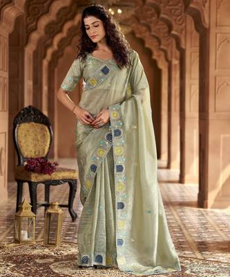 Grey gold crunchy silk blend multy thread embroidery work rich fancy saree 4