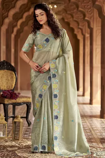 Grey gold crunchy silk blend multy thread embroidery work rich fancy saree
