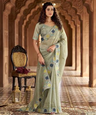 Grey gold crunchy silk blend multy thread embroidery work rich fancy saree 5