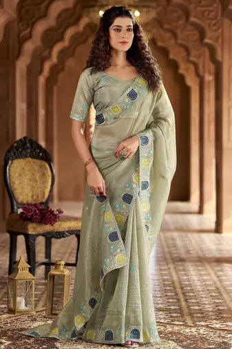 Grey gold crunchy silk blend multy thread embroidery work rich fancy saree