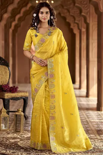 Yellow color gold crunchy silk multy thread embroidery work rich fancy saree
