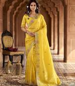 Yellow gold crunchy silk multy thread embroidery work rich fancy saree
