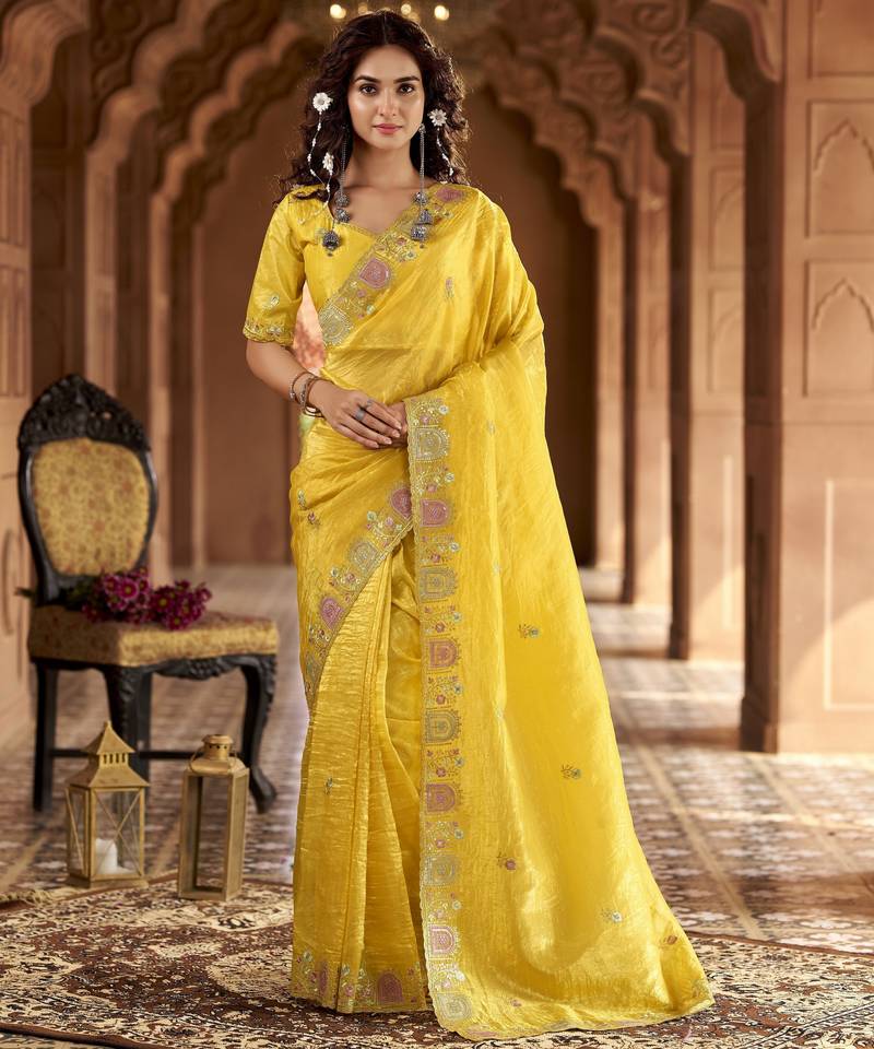 Yellow color gold crunchy silk multy thread embroidery work rich fancy saree
