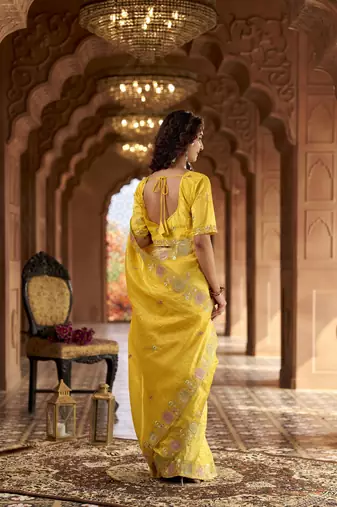 Yellow gold crunchy silk blend multy thread embroidery work rich fancy saree