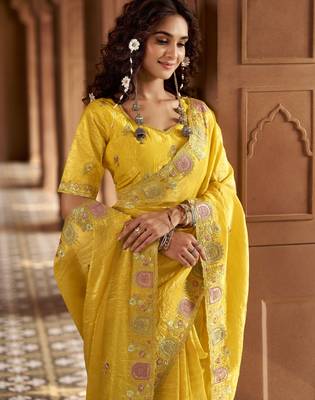 Yellow gold crunchy silk blend multy thread embroidery work rich fancy saree 3