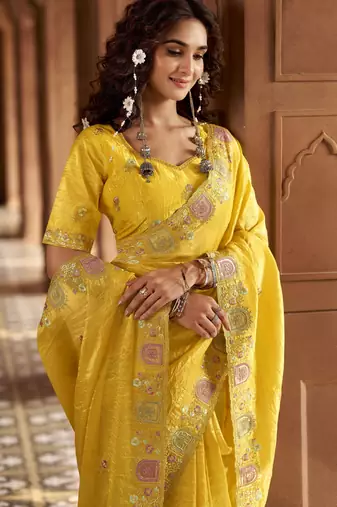 Yellow gold crunchy silk blend multy thread embroidery work rich fancy saree
