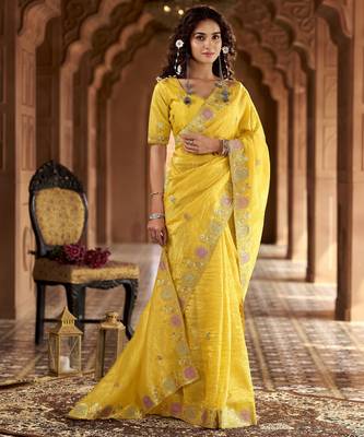 Yellow gold crunchy silk blend multy thread embroidery work rich fancy saree 4