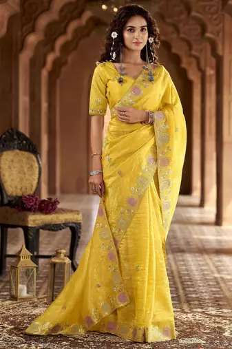 Yellow gold crunchy silk blend multy thread embroidery work rich fancy saree