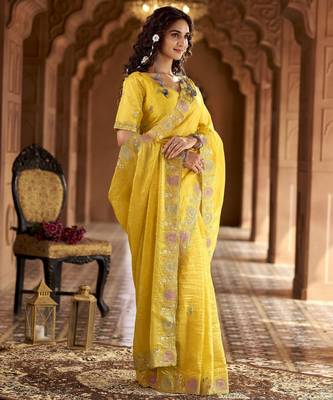 Yellow gold crunchy silk blend multy thread embroidery work rich fancy saree 5