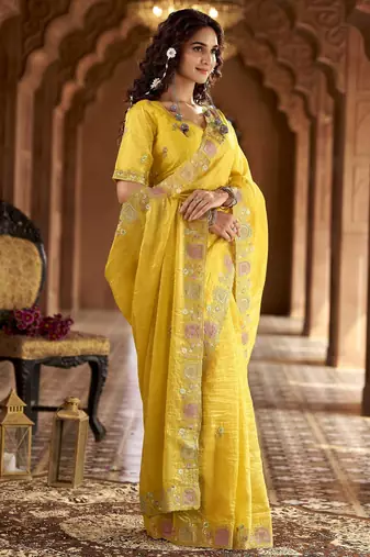 Yellow gold crunchy silk blend multy thread embroidery work rich fancy saree