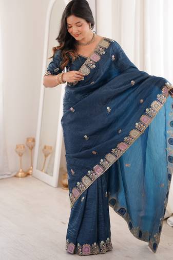 Teal color gold crunchy silk multy thread embroidery work rich fancy saree