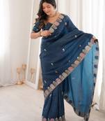 Teal color gold crunchy silk multy thread embroidery work rich fancy saree