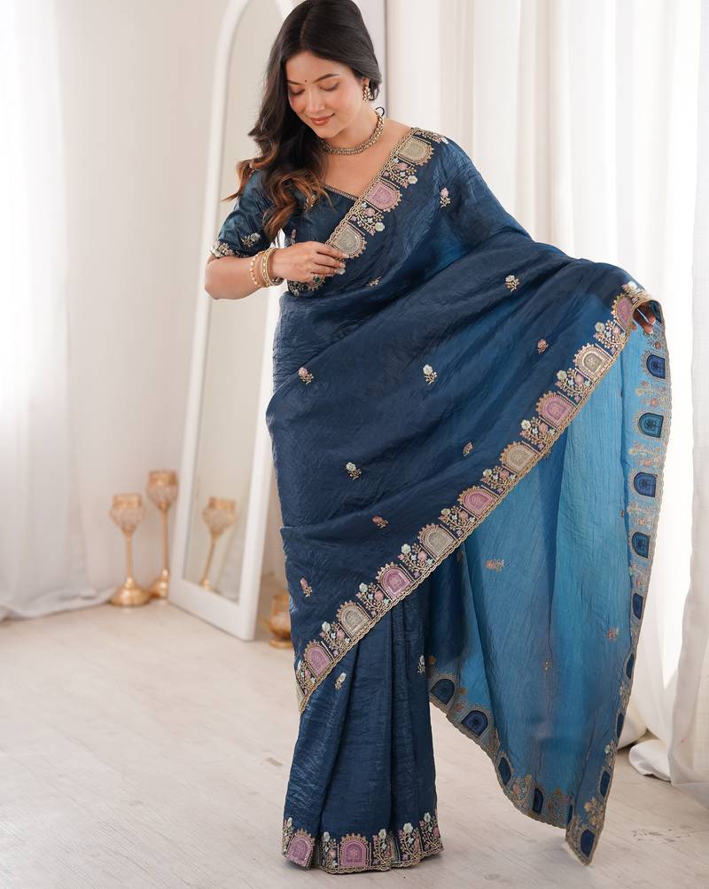 Teal color gold crunchy silk multy thread embroidery work rich fancy saree