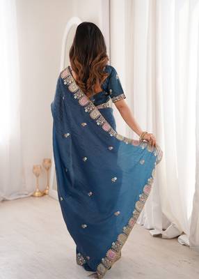 Teal gold crunchy silk blend multy thread embroidery work rich fancy saree 2