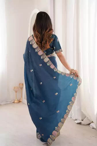 Teal gold crunchy silk blend multy thread embroidery work rich fancy saree