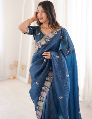 Teal gold crunchy silk blend multy thread embroidery work rich fancy saree 3