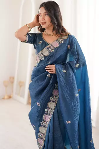 Teal gold crunchy silk blend multy thread embroidery work rich fancy saree
