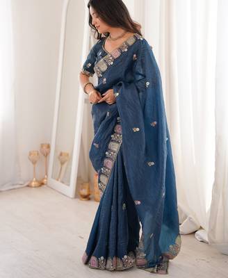 Teal gold crunchy silk blend multy thread embroidery work rich fancy saree 4