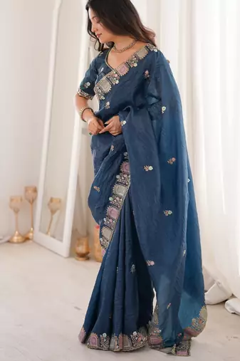 Teal gold crunchy silk blend multy thread embroidery work rich fancy saree