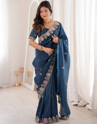 Teal gold crunchy silk blend multy thread embroidery work rich fancy saree 5
