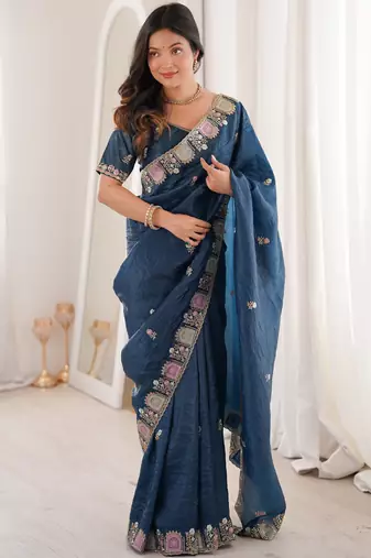 Teal gold crunchy silk blend multy thread embroidery work rich fancy saree