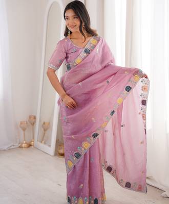 Pink gold crunchy silk blend multy thread embroidery work rich fancy saree 1