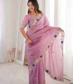 Pink color gold crunchy silk multy thread embroidery work rich fancy saree