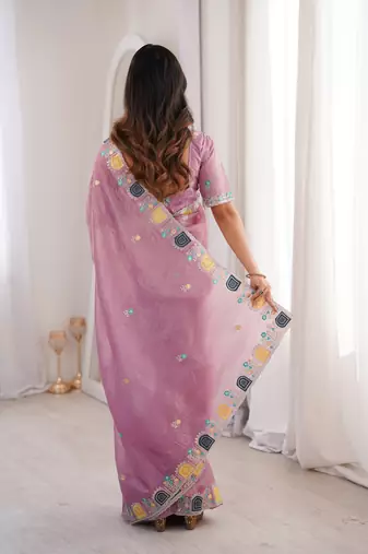 Pink gold crunchy silk blend multy thread embroidery work rich fancy saree