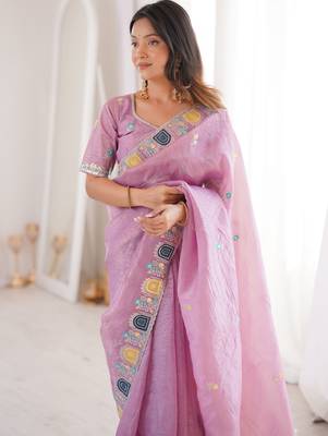Pink gold crunchy silk blend multy thread embroidery work rich fancy saree 3