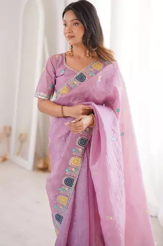 Pink gold crunchy silk blend multy thread embroidery work rich fancy saree
