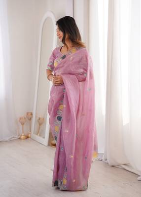 Pink gold crunchy silk blend multy thread embroidery work rich fancy saree 4