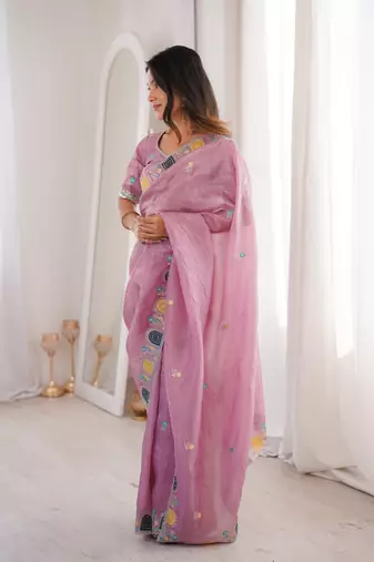 Pink gold crunchy silk blend multy thread embroidery work rich fancy saree