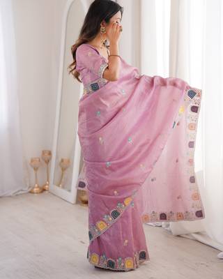 Pink gold crunchy silk blend multy thread embroidery work rich fancy saree 5