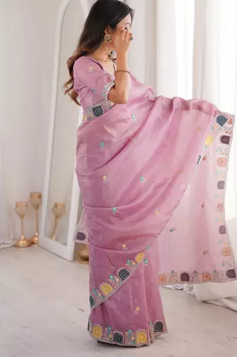 Pink gold crunchy silk blend multy thread embroidery work rich fancy saree