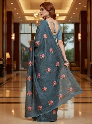 Blue manipuri silk blend sequins embroidered fancy saree 2