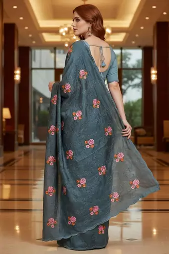 Blue manipuri silk blend sequins embroidered fancy saree