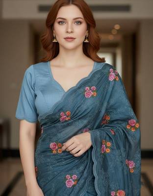 Blue manipuri silk blend sequins embroidered fancy saree 3