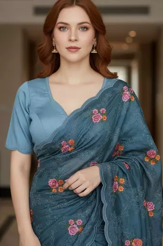 Blue manipuri silk blend sequins embroidered fancy saree