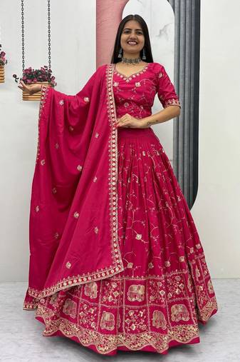 Rani Pink Color Embroidery Thread and Sequence Work Silk Lahenga Choli Set
